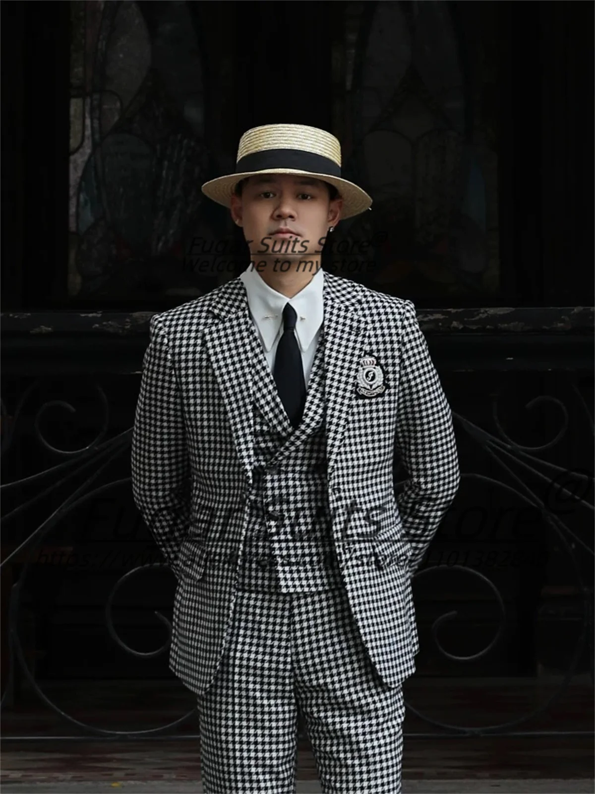 

Retro Classic Plaid Men Suits Customized Banquet 3 Pieces Sets Slim Fit Notched Lapel Groom Wedding Tuxedos Male Party Blazers