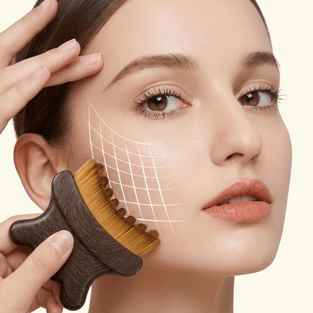 Ergonomic Shape Lymphatic Face Brush Soft Bristles Curved Handle Jawline Massage Brush Wood Grain Look Storage Case