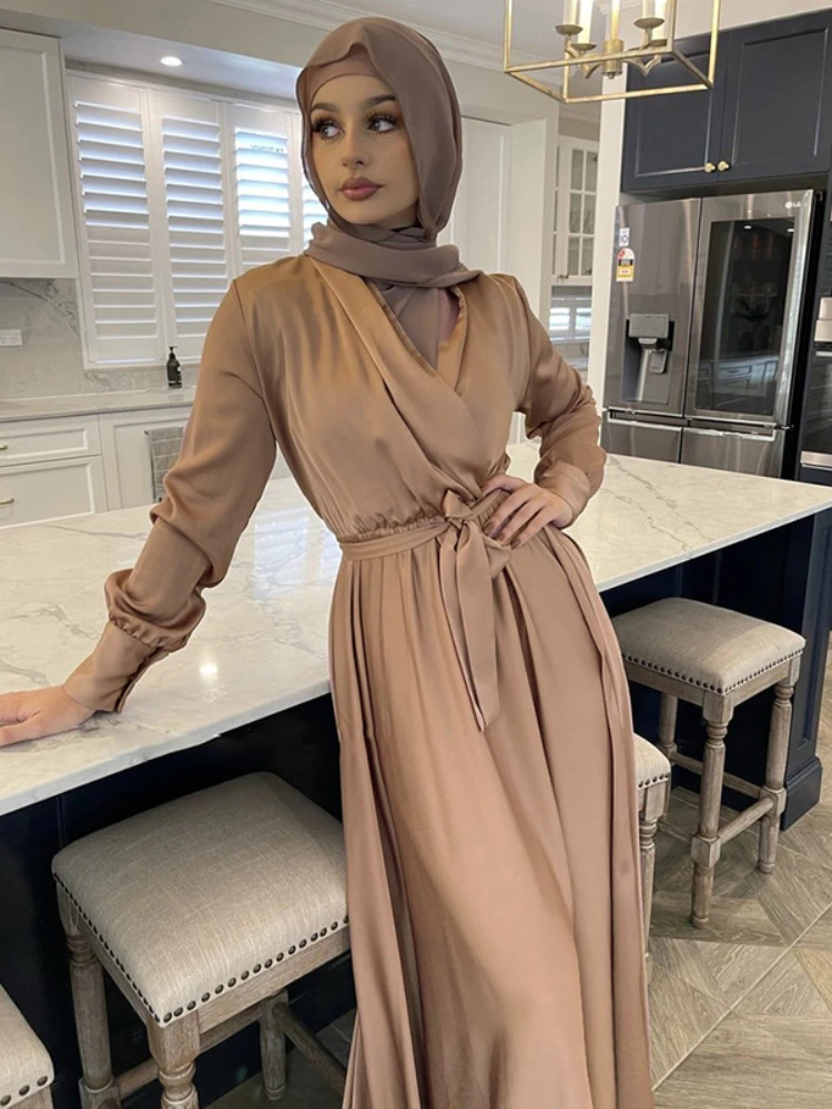 Satin Morocco Dress Women Muslim Abaya Abayas Hijab Dubai Largos Turkey Islam Kaftan Robe Longue Musulmane Vestidos Ramadan