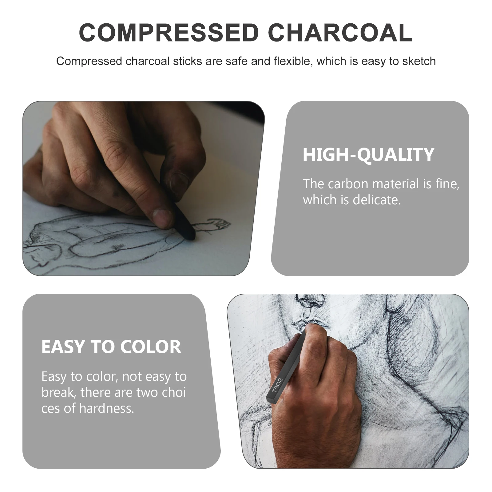 

6Pcs Soft Hard Charcoal Sketching Rods Drawing Art Supplies For Professionals Beginners