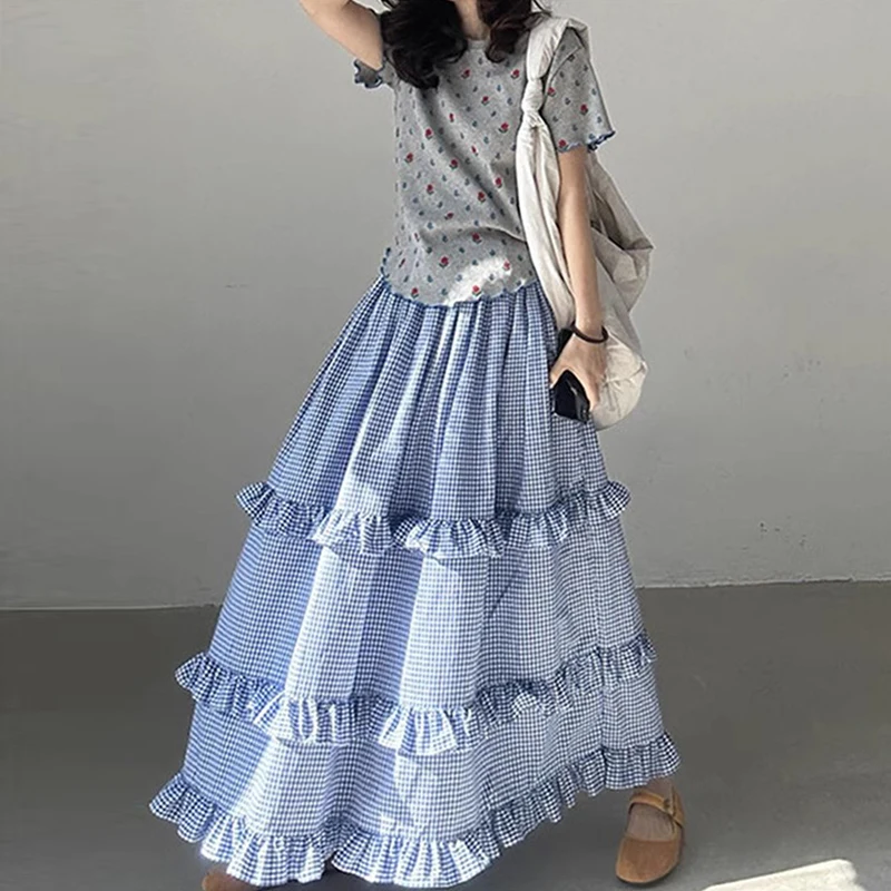 

Chic Spring Country Sle Elastic Waist Patchwork Lace f Skirt Women's Cake Skirt High Waist A-Line Long Skirt Plaid Pattern