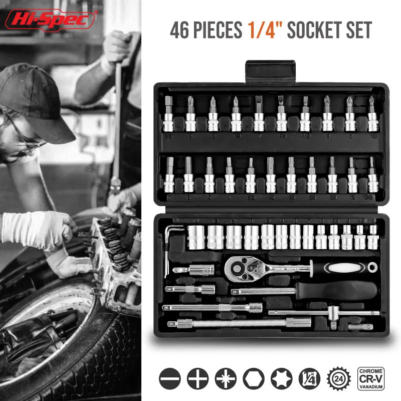 Hi-Spec 46PC Hand Tool Sets Car Repair Tool Kit Mechanical Tools Box 1/4-inch Socket Wrench Set Socket Ratchet Screwdriver Bits