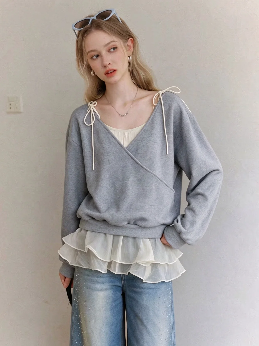 Gray V-Neck Long Sleeve Hoodie Women's Autumn New Skirt Splice Top Loose Fit Casual Style Warmth Protection Daily Wear