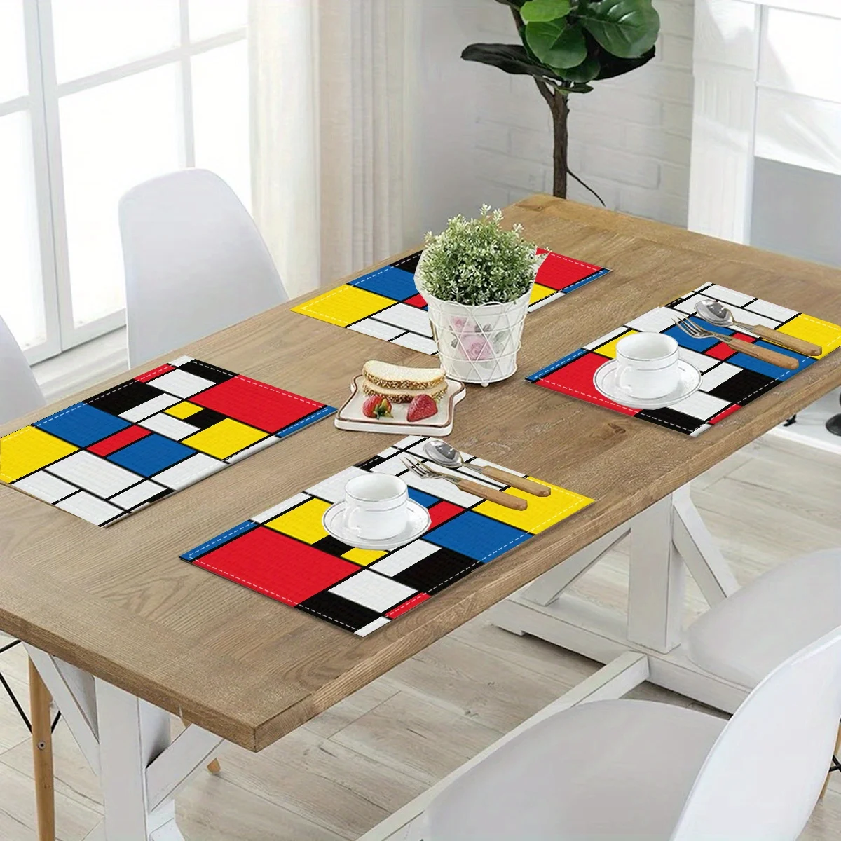 VIKAMA 4/6/8/10 Uds. Manteles individuales estilo Mondrian con empalme de bloques de color geométrico para decoración de mesa de restaurante