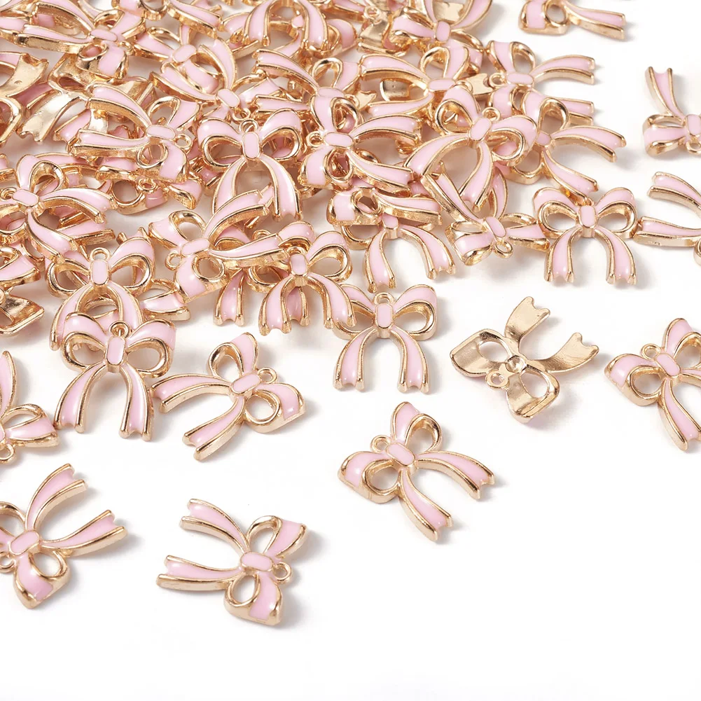 100 pcs Bowknot Alloy Enamel Pendants Pink Color for Making DIY Jewelry Necklace Earring Necklace Charms  Cute & Sweet Style