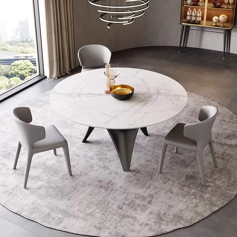

Italian rock slab dining table and chair combination French light luxury modern 1.35m round table Italian 6 people 8 people roun