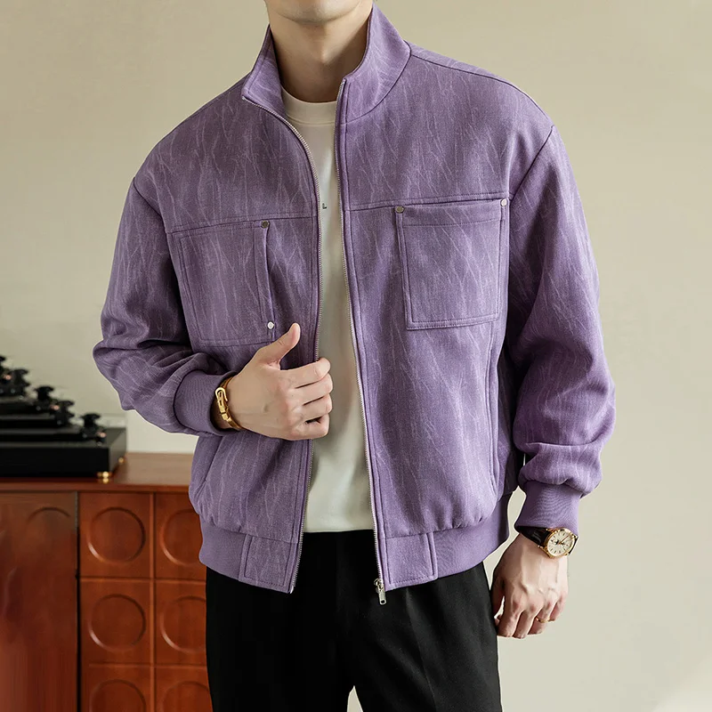

New Trendy Retro Jacket Men 2025 Autumn Fashion Double Chest Pockets Zipper Coat Male Loose Version Stand Collar Outwear Jackets