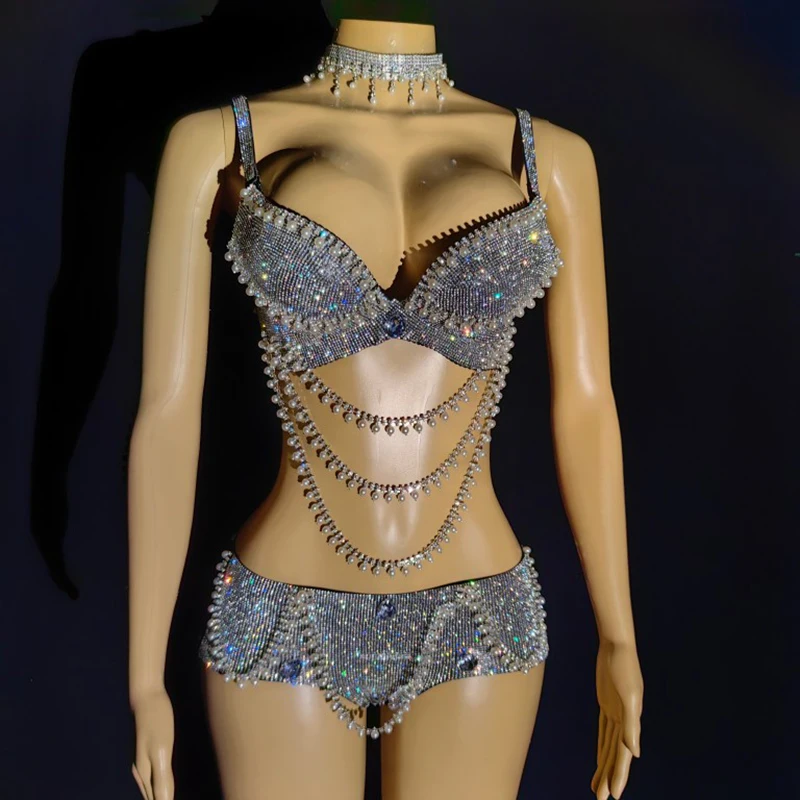 

Sexy Rhinestones Bikini Pole Dance Costume Nightclub Bar Gogo Dancer Outfit Rave Clothing Dj DS Singer Stage Clothes VDB7106