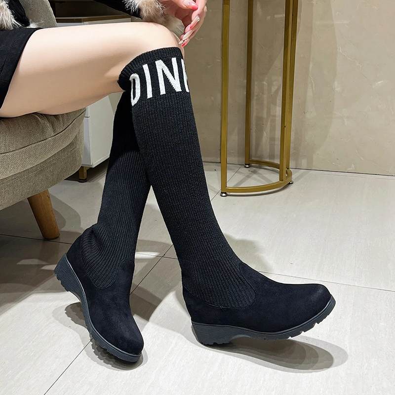 أحذية نسائية جديدة بكعب عالي فوق الركبة مشهورة في الشتاء جوارب وأحذية مرنة من الصوف المحبوك Zapatos Mujer