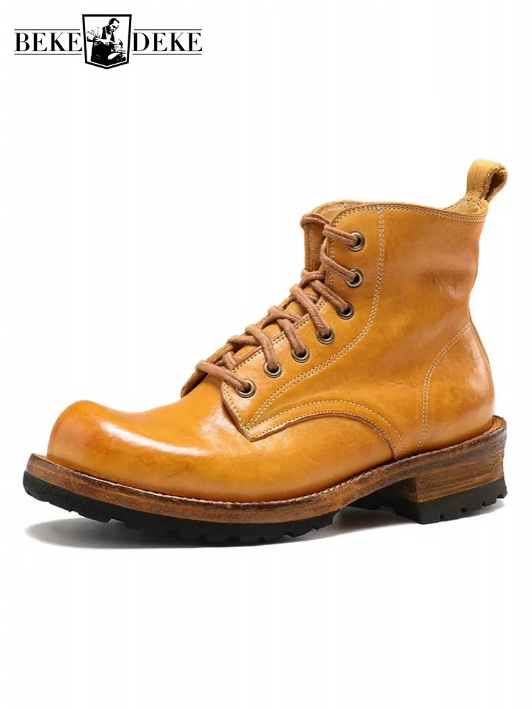 Handmade Mens Genuine Leather Short Boots Platform High Top Shoes Male Lace Up Round Toe High Quality Horsehide Motorcycle Boots