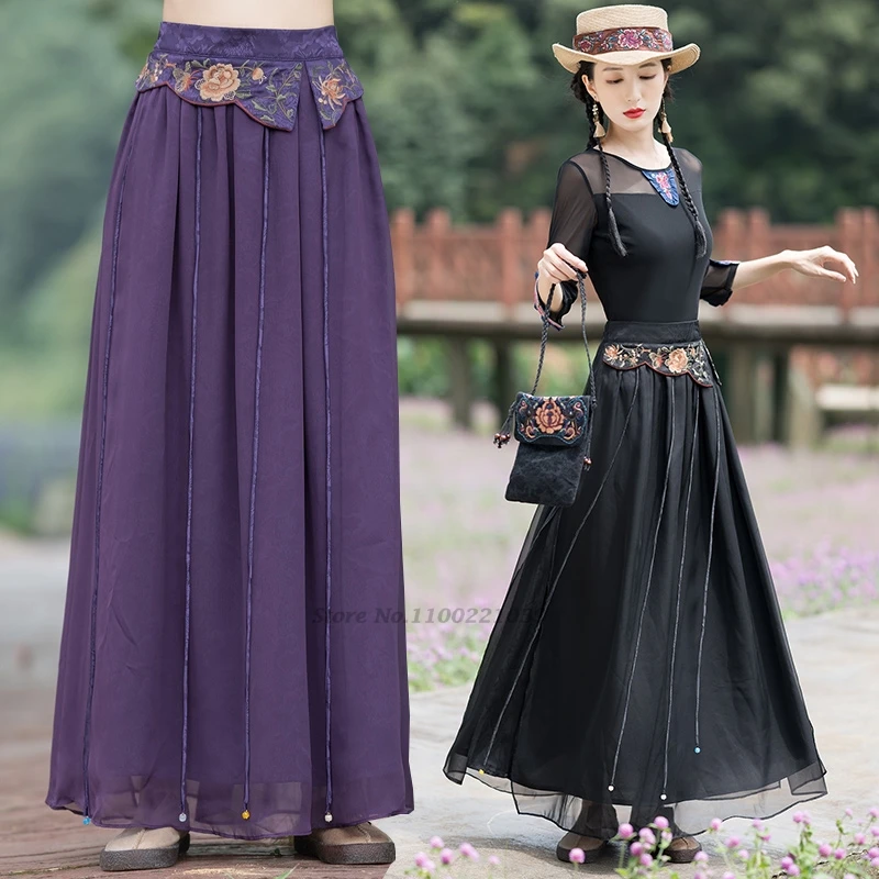 

2025 chinese vintage skirt traditional flower embroidery ethnic skirt tassels chiffon skirt national elastic waist folk skirt