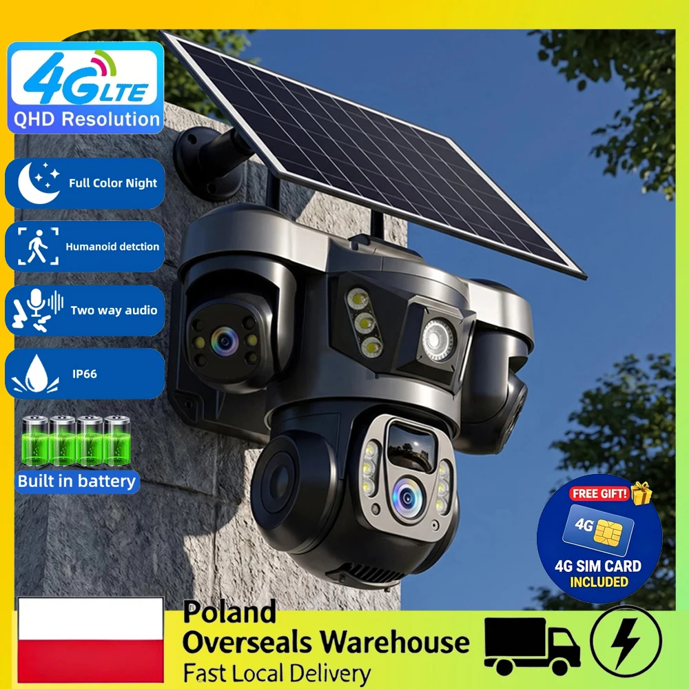 4G SIM Solarkamera mit 3 Objektiven, 3 Bildschirmen, Outdoor-PIR-Bewegungserkennung, Energiesparender Akku, IP-Kamera, PIR-Nachtsicht, V380 Pro, 10-fach Zoom, Wasserdicht, CCTV-Sicherheitsschutz,