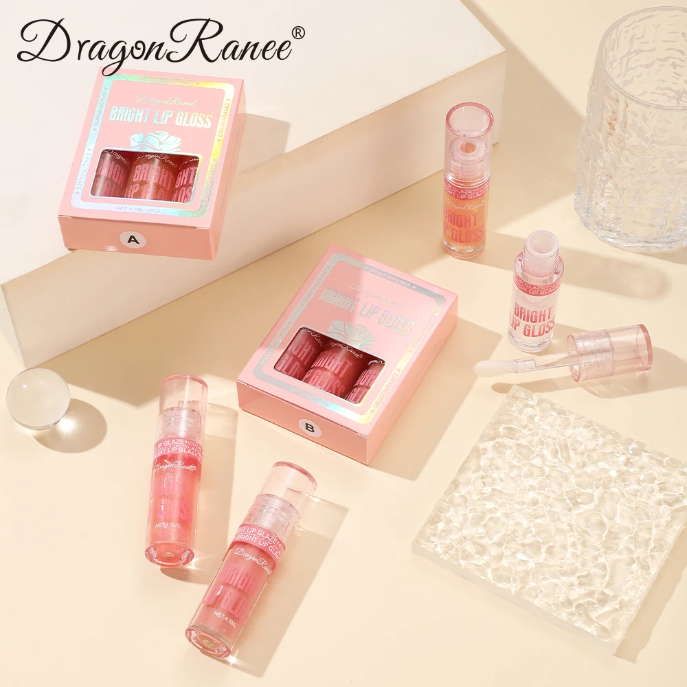 ドラゴンラニー 3ピース パールシマーリップグロスセット (大ブラシアプリケーター付き、グロッシーミラーフィニッシュリップグロス)