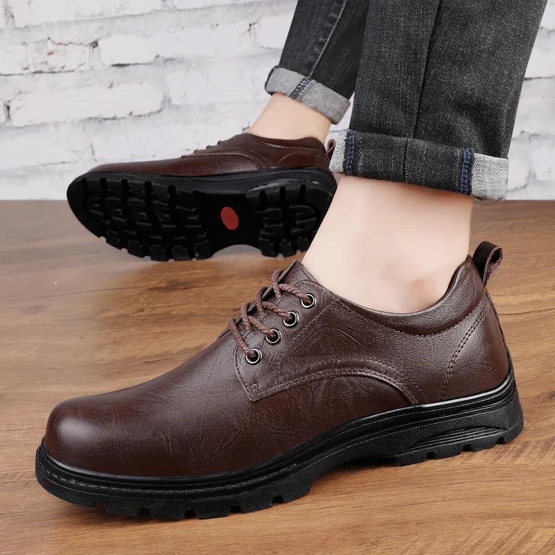 Men's Business Casual Leather Dress Shoes New Thick Bottom Brown/Black Outdoor Beef Tendon Outsole Genuine Leather Work Shoes