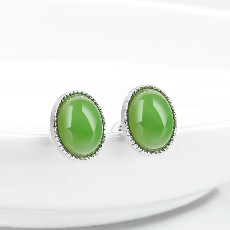 Anting wanita bahan lama hijau bayam alami Hotan Jade Jasper, anting mie telur S925 SilverInlaid perhiasan sederhana