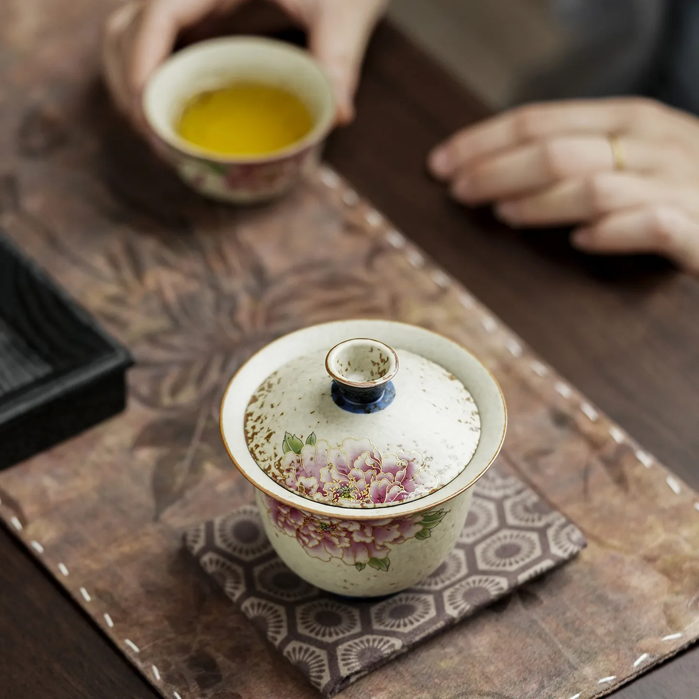 Peony Two Piece Tea Vessel in Blue White and Flint Red, Covered Ceramic Cup suited to Traditional Steeping for Home Brewing