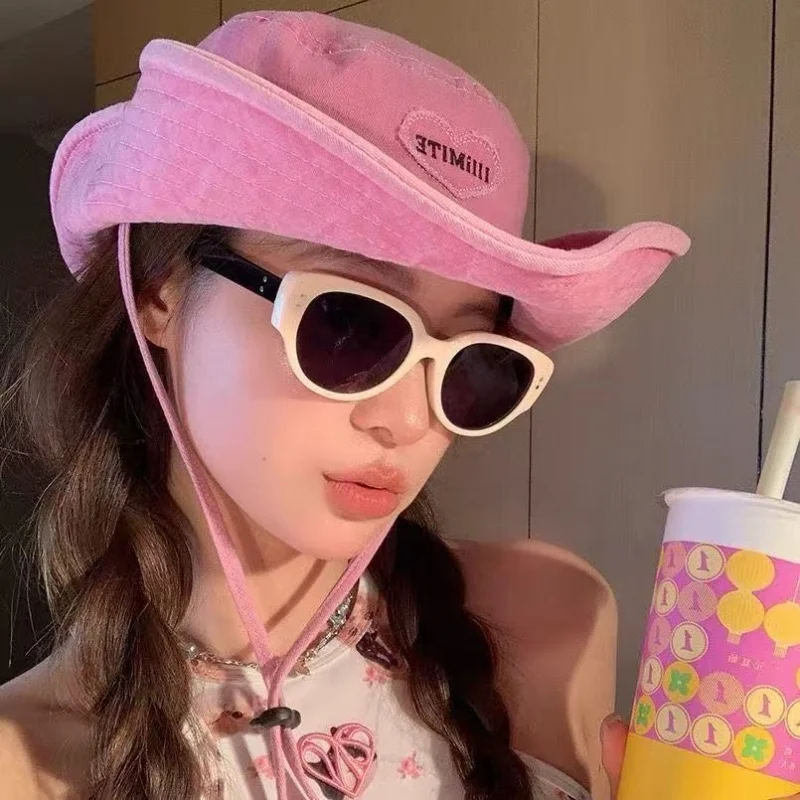 Japanese Retro Washed Cowboy Hats for Women Spring and Summer Outdoor Camping Sun Protection Sweet Pink Love Bucket Caps