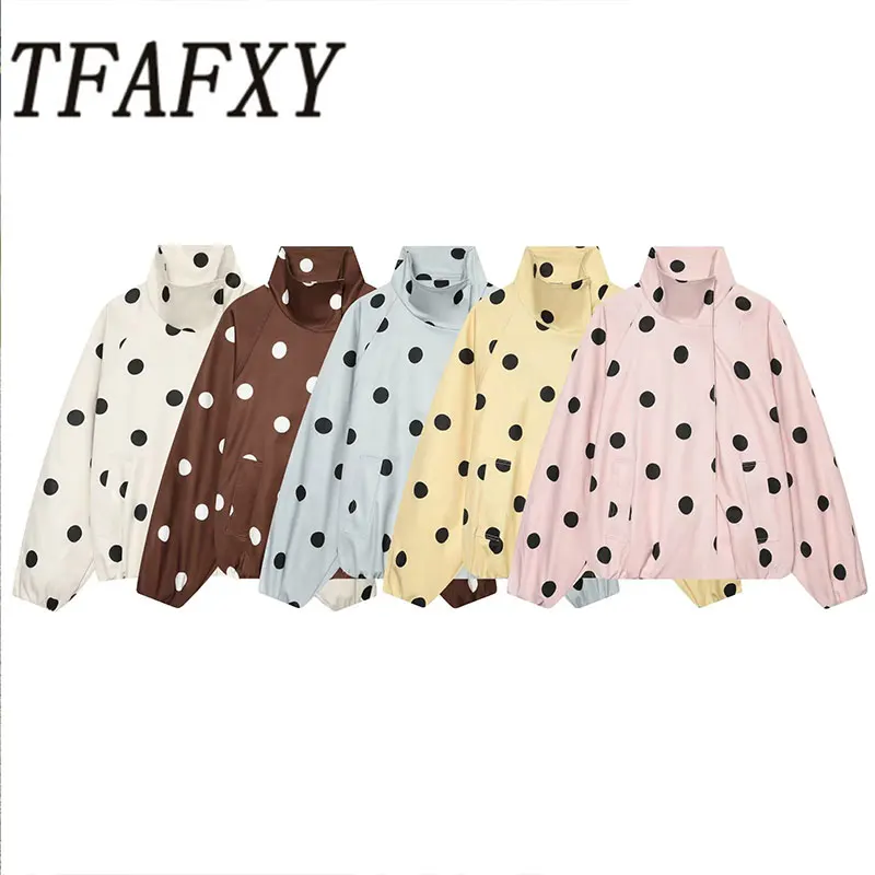 TFAFXY 2026 Herbst Damen Polka Dot Bomberjacke Neu Stehkragen Langarm Schicke Lässige Damenjacke Mäntel