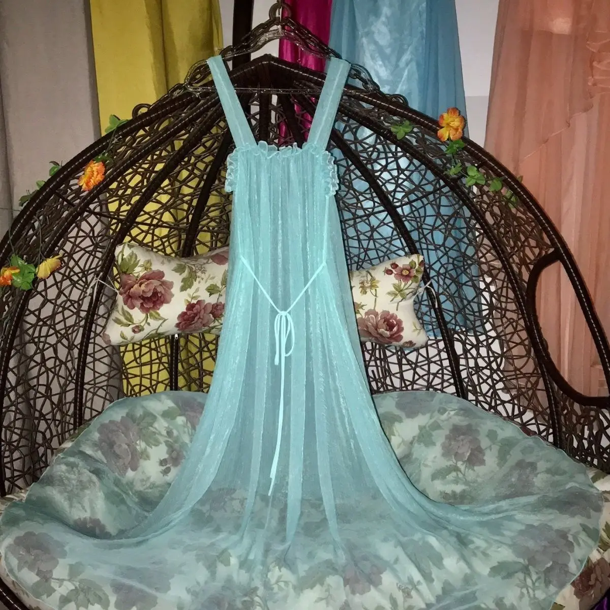 

Women Ruffles Tulle Mesh Sleeveless Dress Loose Maxi Dress Plus Size Sleeping Pajamas Robe