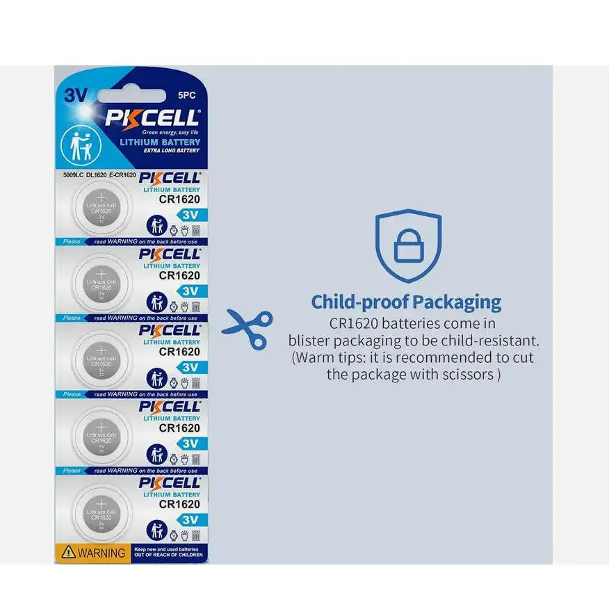 5PK/25PCS  PKCELL CR1620 3V Coin Lithium Battery for Watches, Lightweight Remote Controls, and Calculators