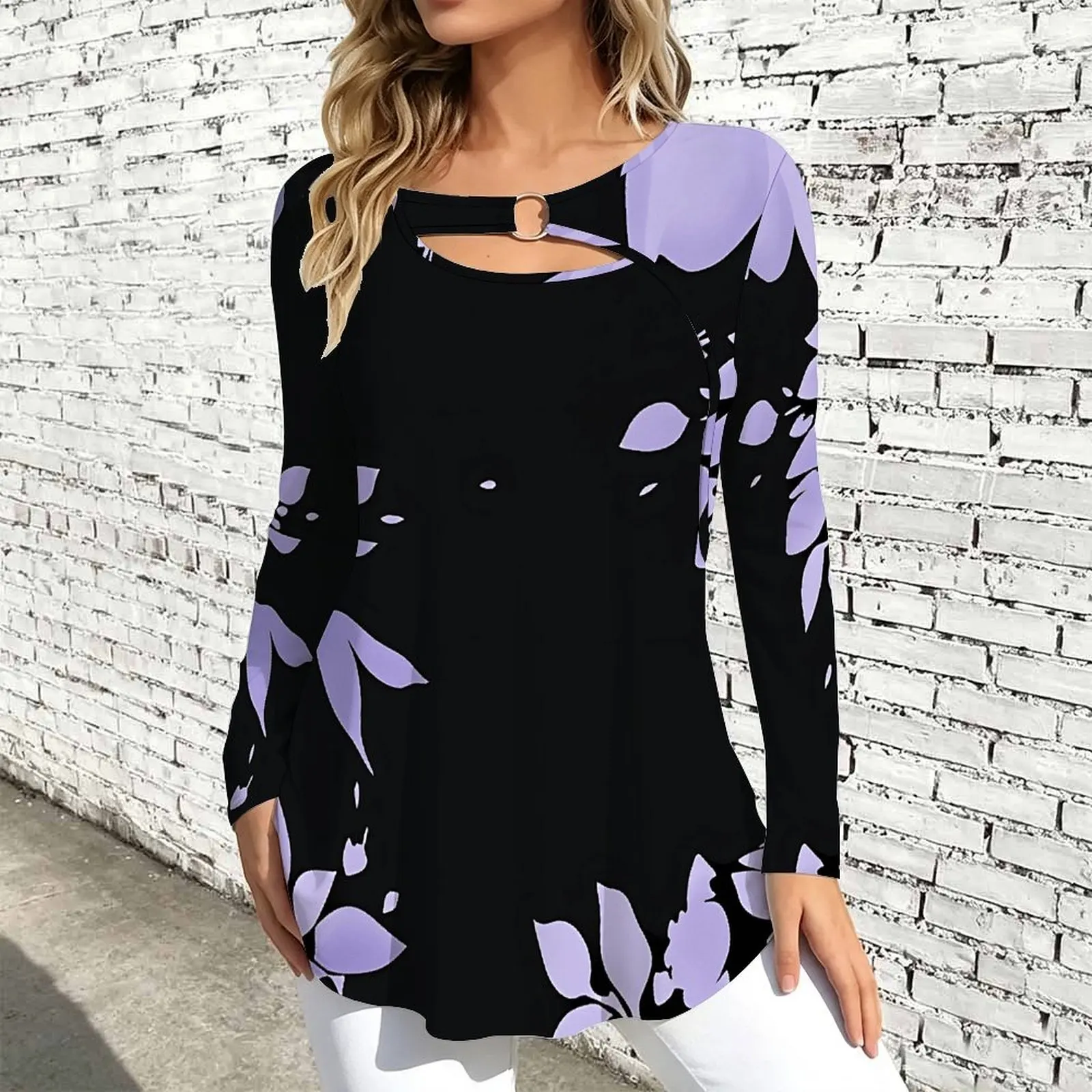 Women Keyhole Ring Neck Long Sleeve Flared Hem Printed Top