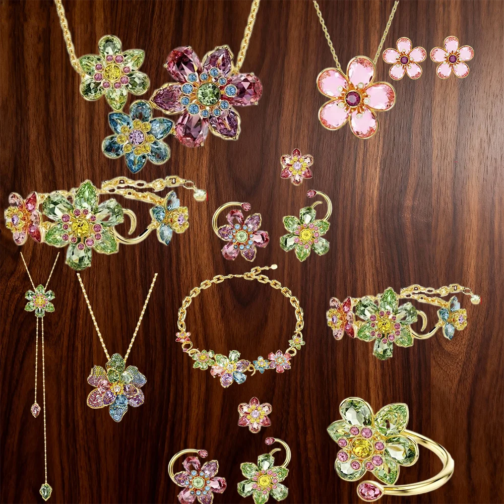 

Enchanting Floral Jewelry Suite with Mixed-Cut Colorful Gems, Intricate Micro-Pave Setting, Rustic Charm Style