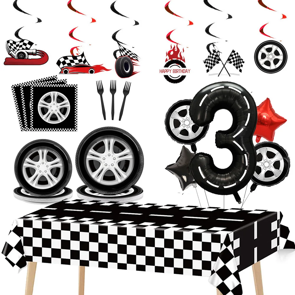 Car Wheel Theme Birthday Party Plate Napkin Balloons Checkered Race Car Themed Party  3TH 4TH 5TH Birthday Party Supplies