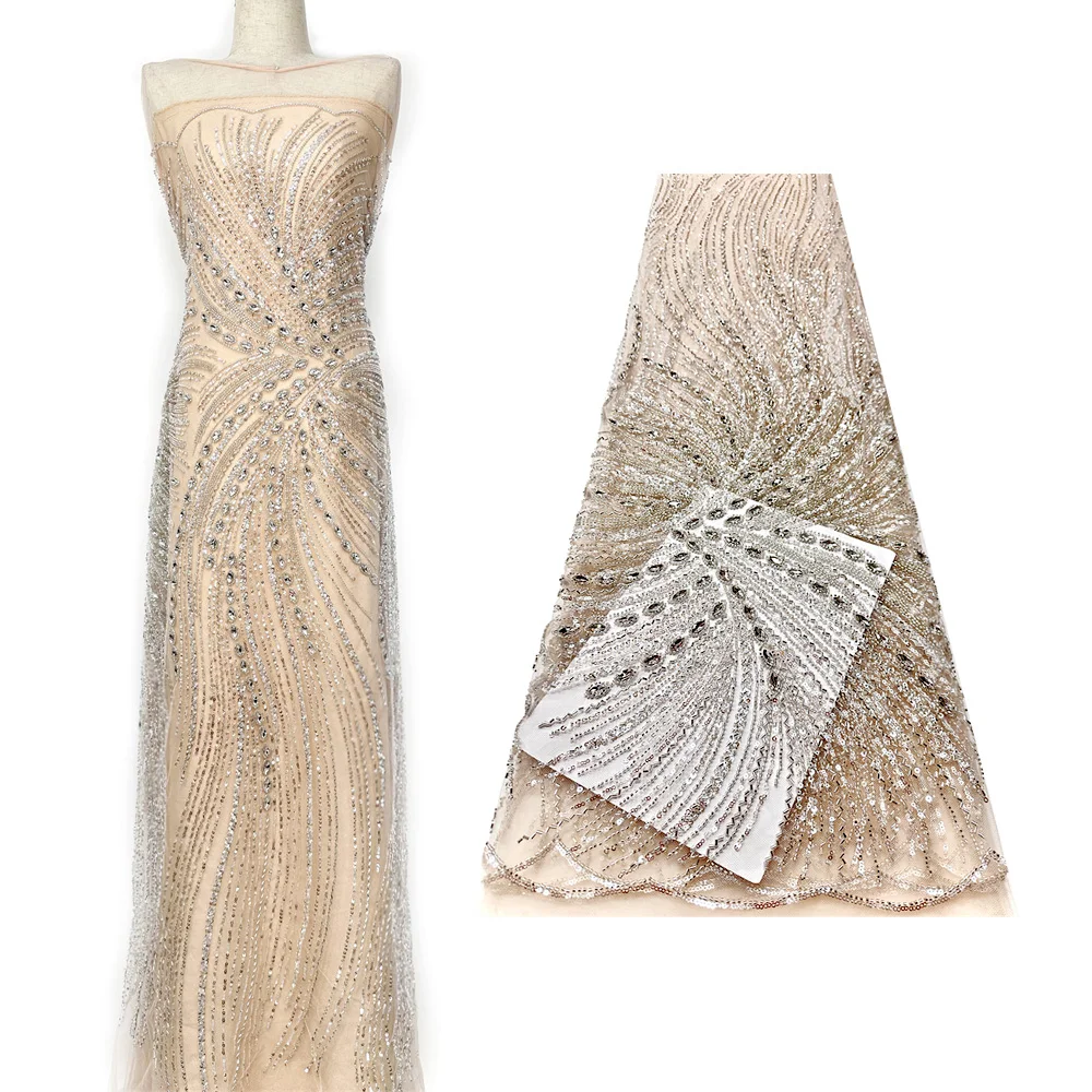 

African beaded Lace Lace Fabric 2026 high quality Nigerian tulle sequined embroidery French tulle lace fabric sewn gown