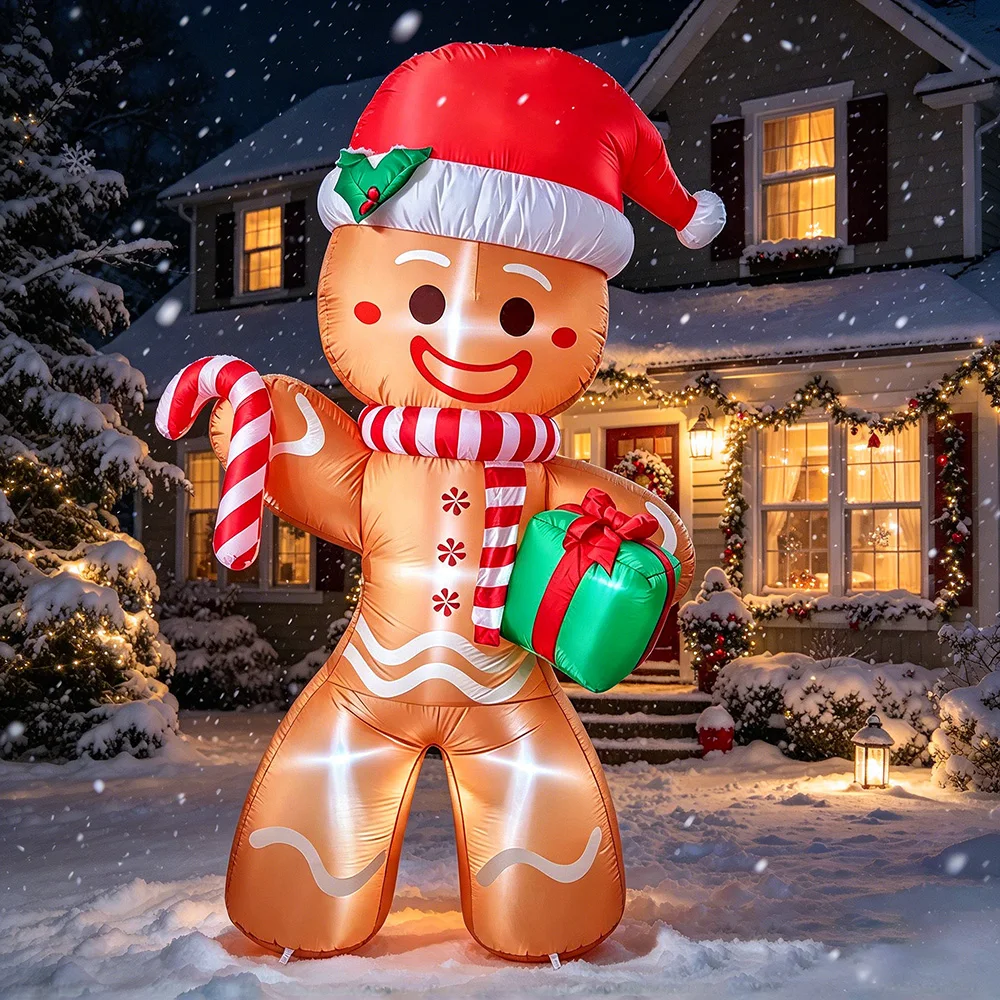 8FT Christmas Inflatable Gingerbread Man Holding Gift Pack, LED Light Up Blow Up Decoration,OutdoorYard Lawn Garden Xmas Holiday