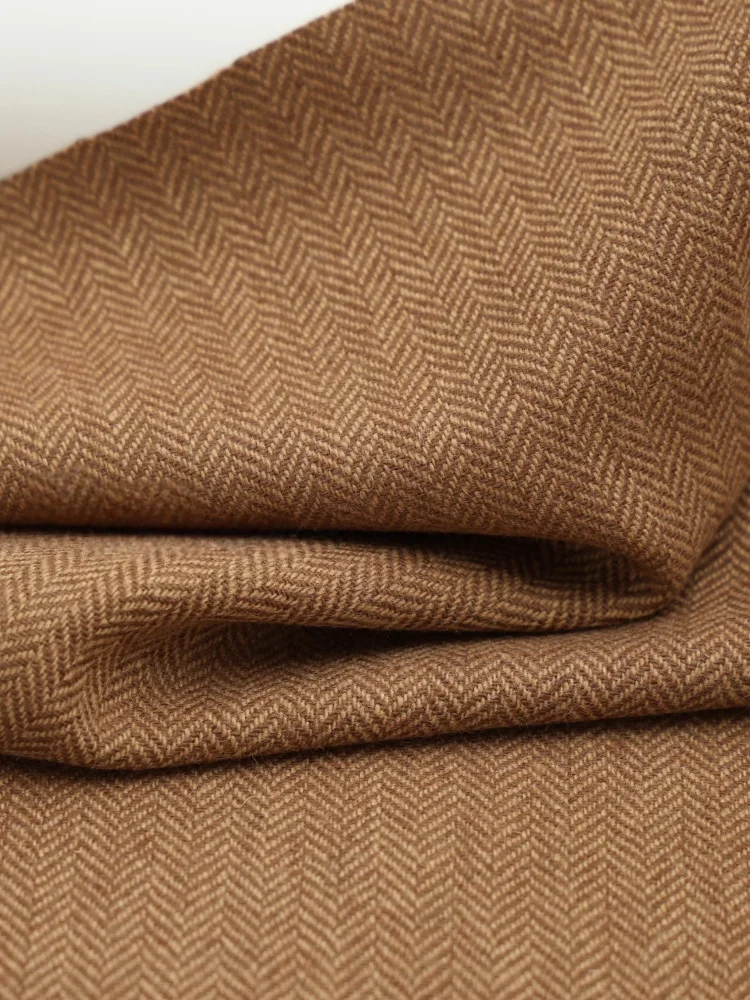High drape, high wool content, caramel brown, tan herringbone patterned wool fabric, suit, dress, jacket, diyfabric