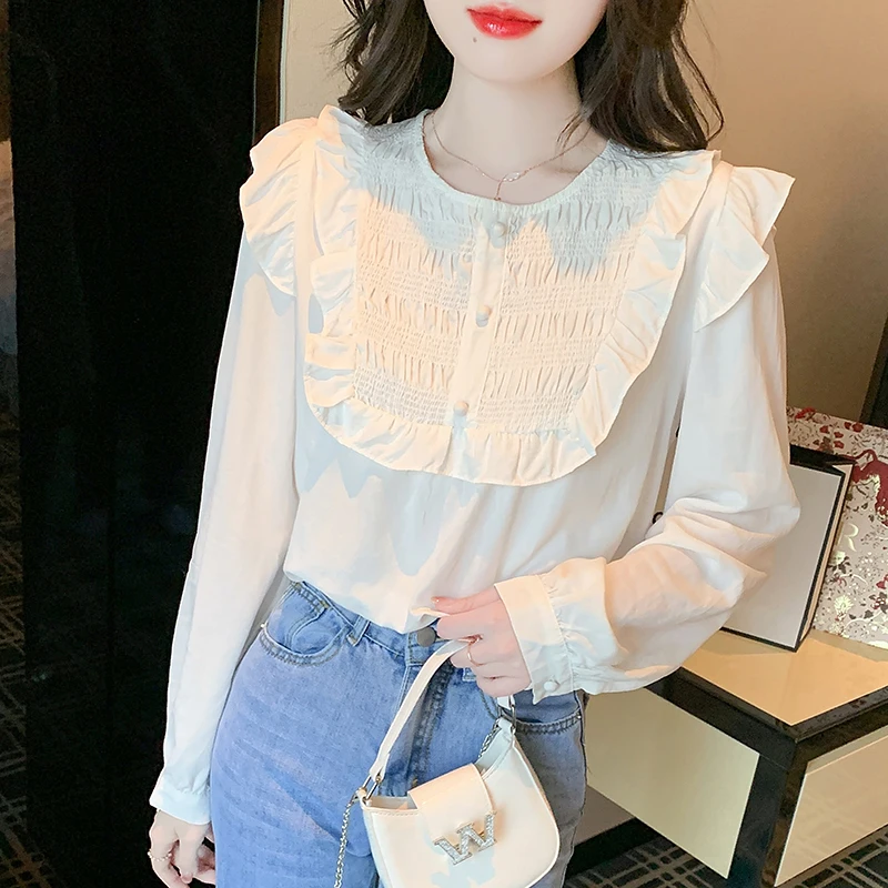 MadBlack-Damen-europäisches Hemd, sexy O-Ausschnitt, Rüschen, Patchwork, modische, langärmlige, lockere S-2XL-Bluse, 2026 Frühjahrsneuheit T5D810CC