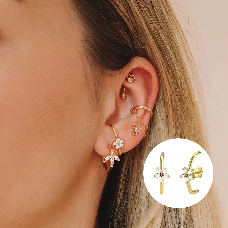 CANNER Bạc 925 Mạ Vàng 18K Zircon Màu Trắng Xuyên Bông Tai Nữ Bao Quanh Earlobe Trang Sức Pendientes