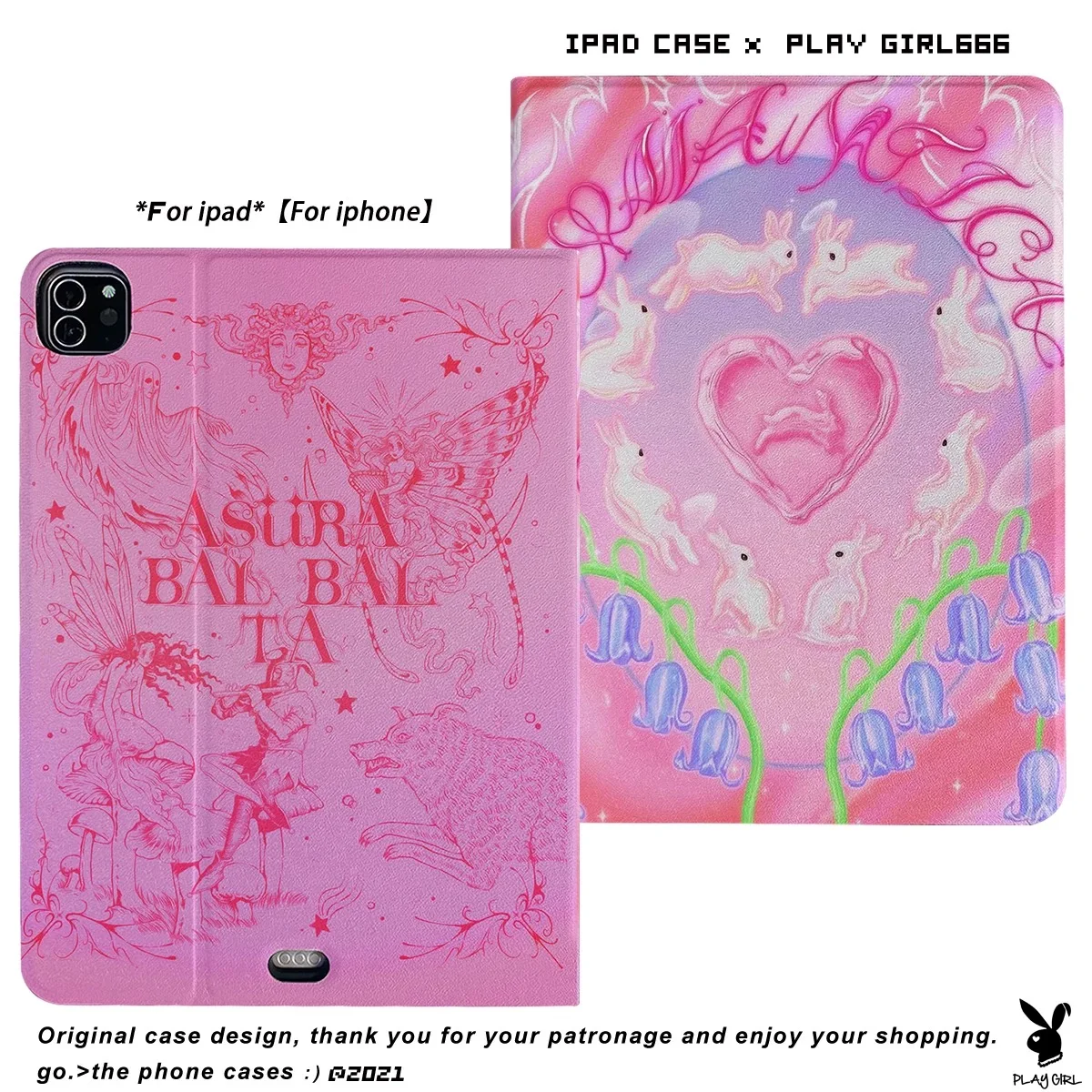 Original art oil painting love rabbit, suitable for iPad, three-fold protective case with pen slot