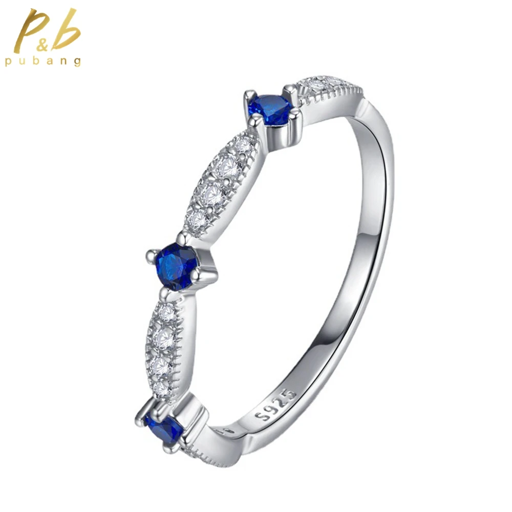 PuBang Fine Jewelry Real 925 Sterling Silver Blue/Green Gemstone Created Moissanite Simple Diamond Ring for Women Gift Wholesale