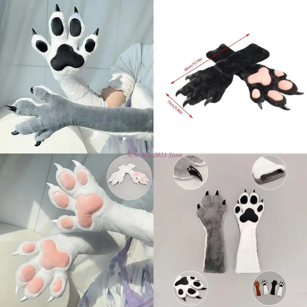 49ME Faux Furs Plush Cats Paws Gloves with Claw Animal Foxes Paws Mittens Fursuit Paws Therians Gear Halloween Costume
