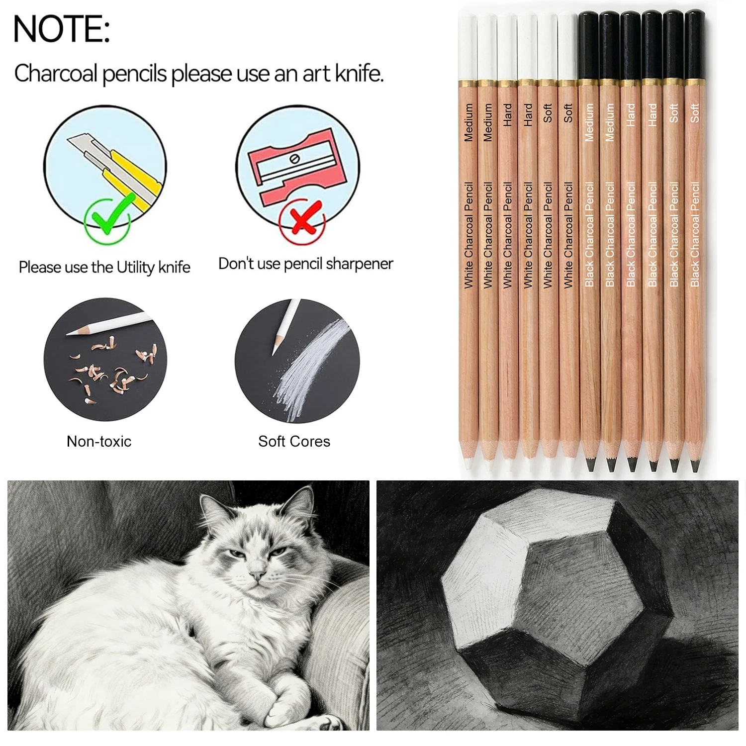 プロ炭鉛筆描画セット、6/10/12/20本入り、黒/白炭鉛 - Sketching Charcoal Set のレビューと価格