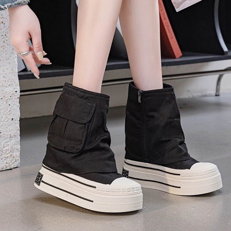 

UK Sle Design High Top 2cm Heightening Bootcut Boots Women's Thi Bot Canvas oes Trendy Waterproof Platform