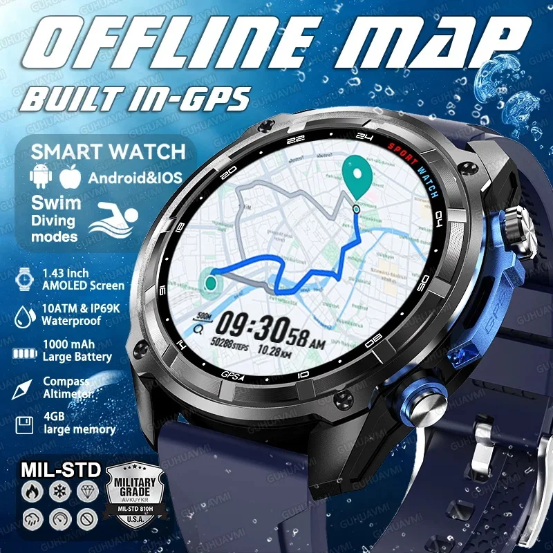

2026 Military Offline map 1000mAh Battery Smart Watch 4GB Big Memory GPS Navigation MP3/MP4 Player Swim Sports Trackr Smartwatch