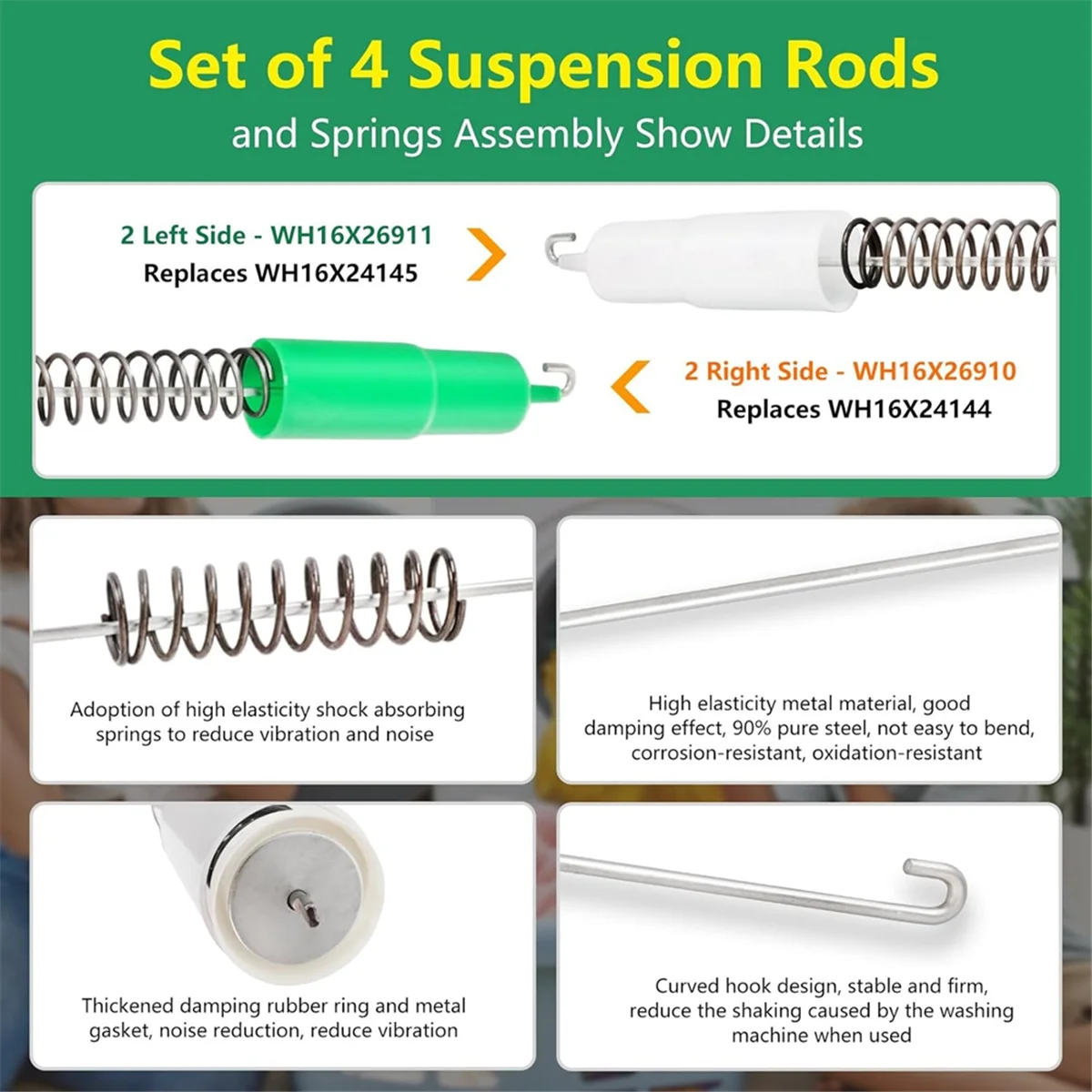 4PCS WH16X26911 & WH16X26910 for Washer Suspension Rod Kit & Spring Assembly 24.6in Part Number