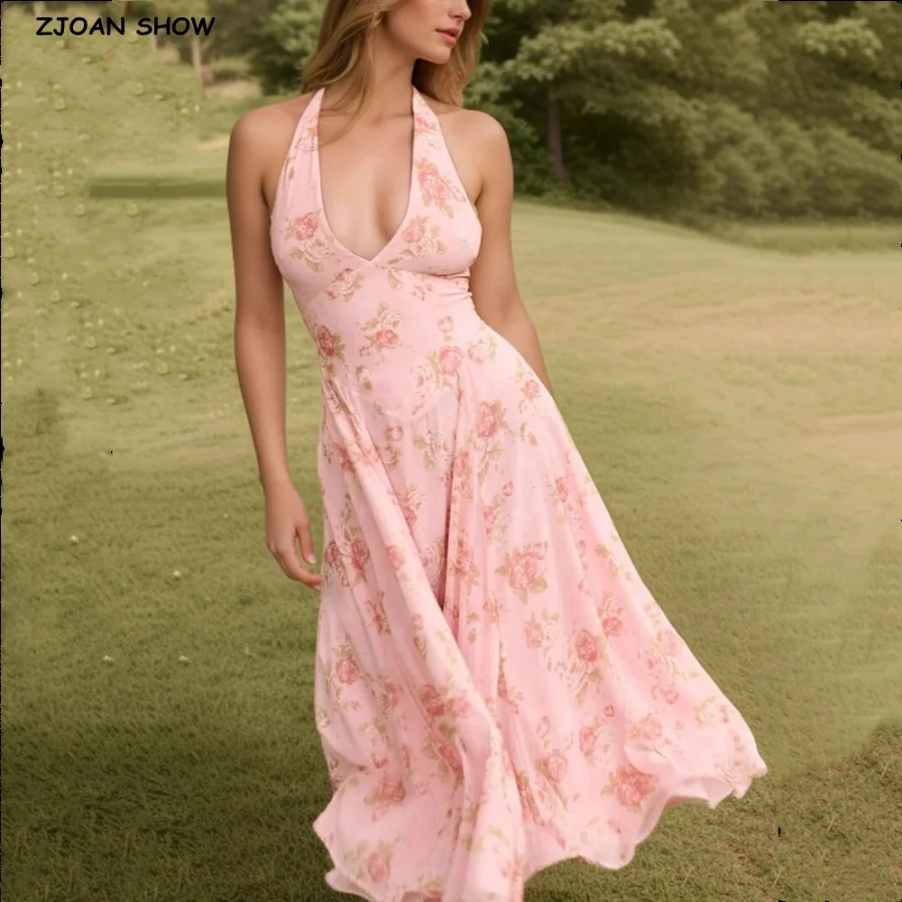 2024 Holiday Pink Flower Print Halter V Collar Sling Midi Dress Women Low Waist A-Line Pleated Swing Backless Robe Beach