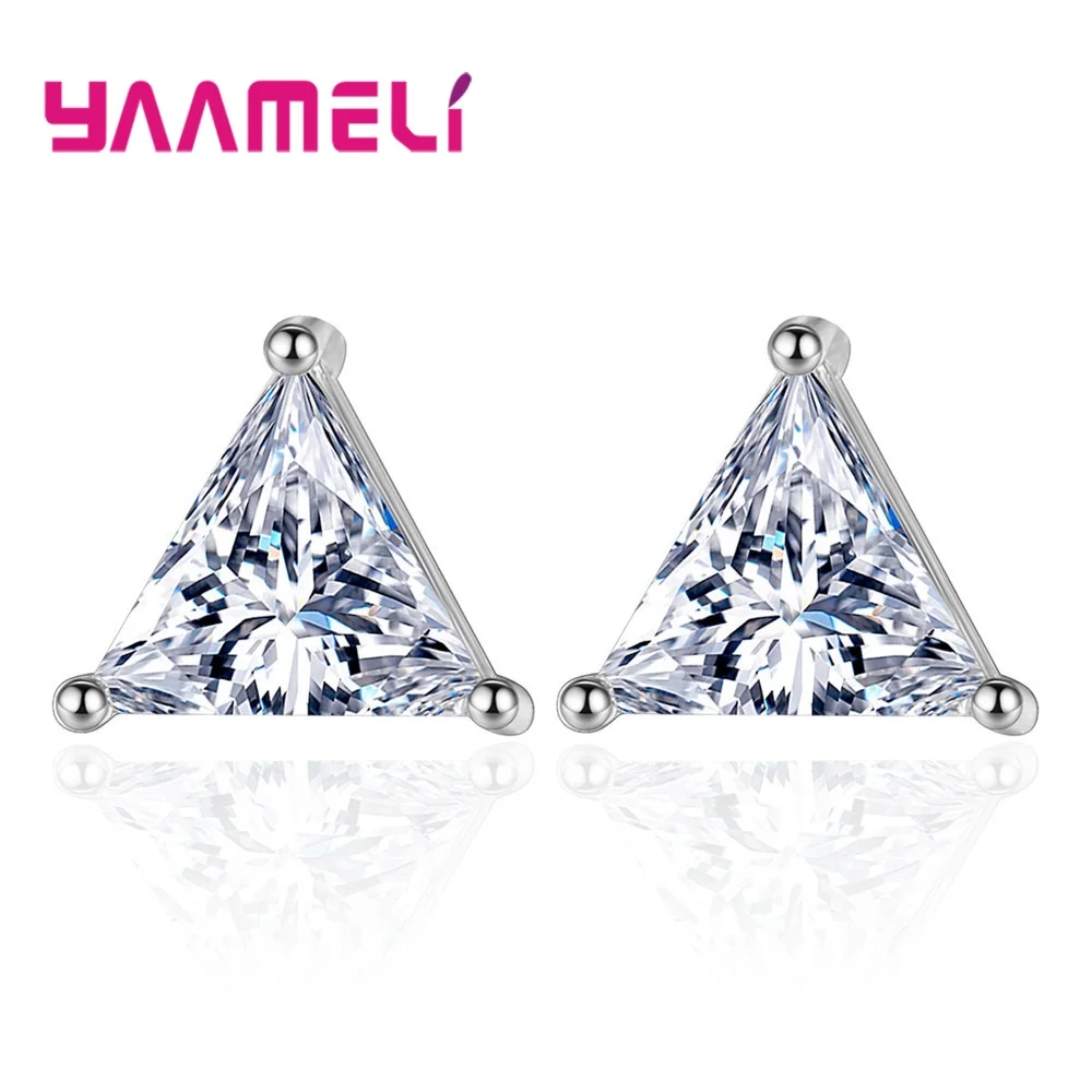 Pure 925 Sterling Silver Clear Triangle Crystal Cubic Zircon Stud Earrings for Women Girls Wedding Party Fashion Jewelry Gifts