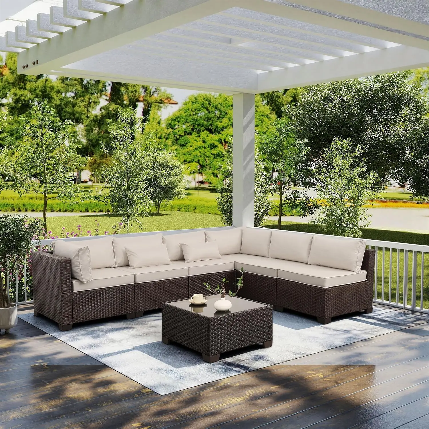 7-Piece Wicker Patio Sectional Sofa Set with Glass Coffee Table Non-Slip Cushions & Furniture Cover Outdoor Garden, Customized