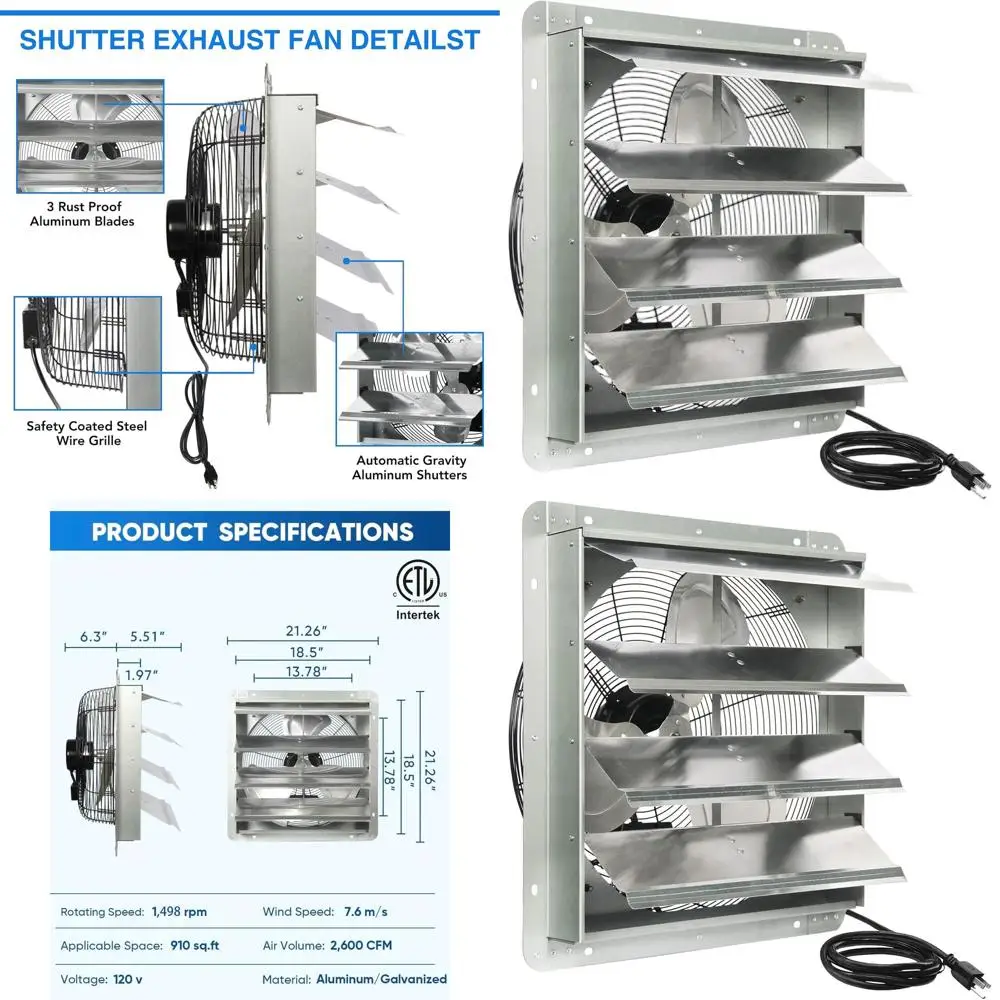 

18 Inch Wall-Mounted Exhaust Fan with Power Cord, Automatic Shutter, 2600 CFM, Ideal for Attics, Garages, Greenhouses, and Works