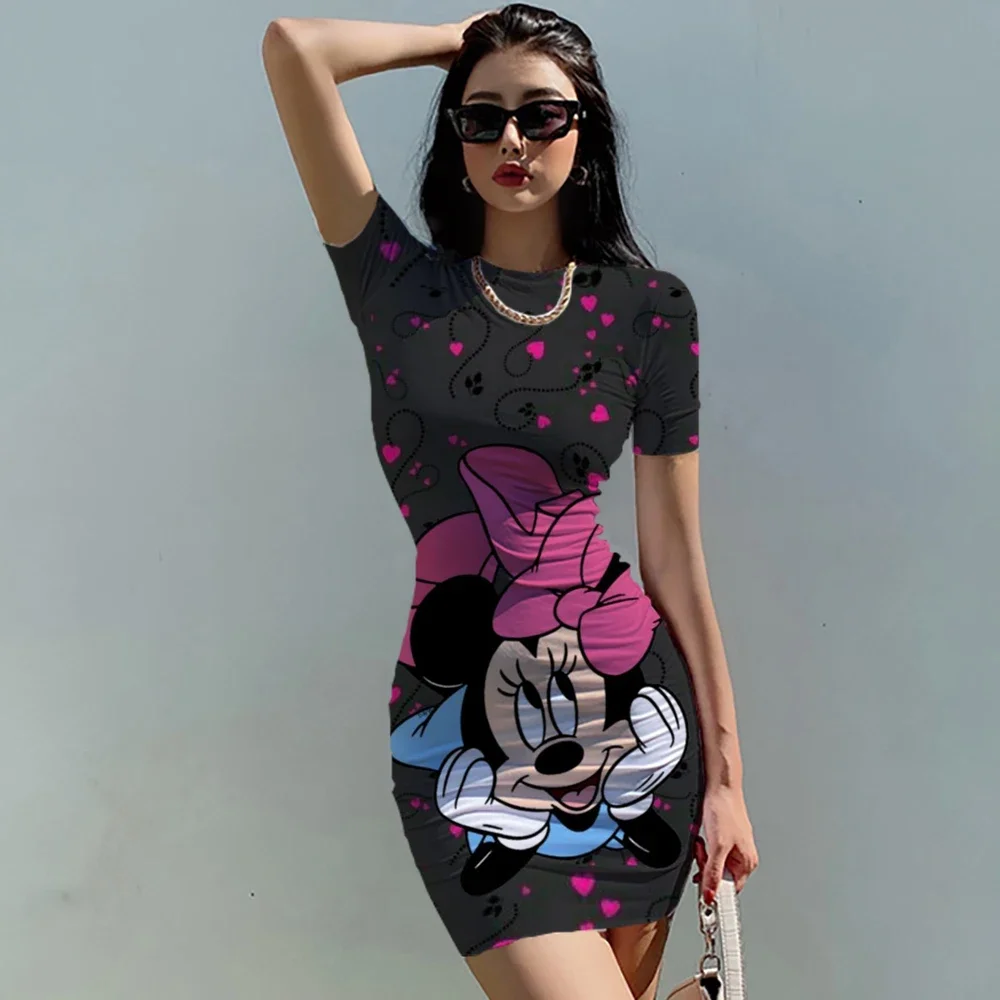 Disney Minnie Mickey Mouse Women\'s Summer Mini Party Dress 2022 Slim Hip Sexy Tight Y2K Short Sleeve Round neck Dresses Clothes