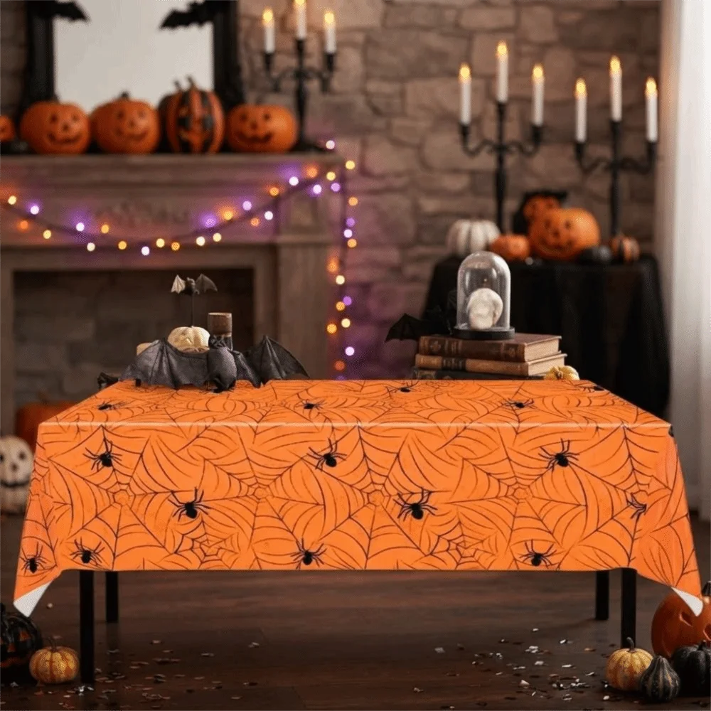 Plastic Halloween Disposable Spider Web Tablecloth Waterproof Stain-resistant Cobweb Party Tablecloth Rectangular Oil-resistant