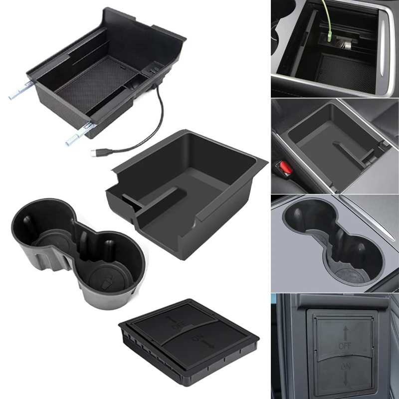 For Tesla Model 3 Y 2020-2023 Center Console Armrest Storage Box Organizer with USB Type-C Port Hub Drink Holder Accessories