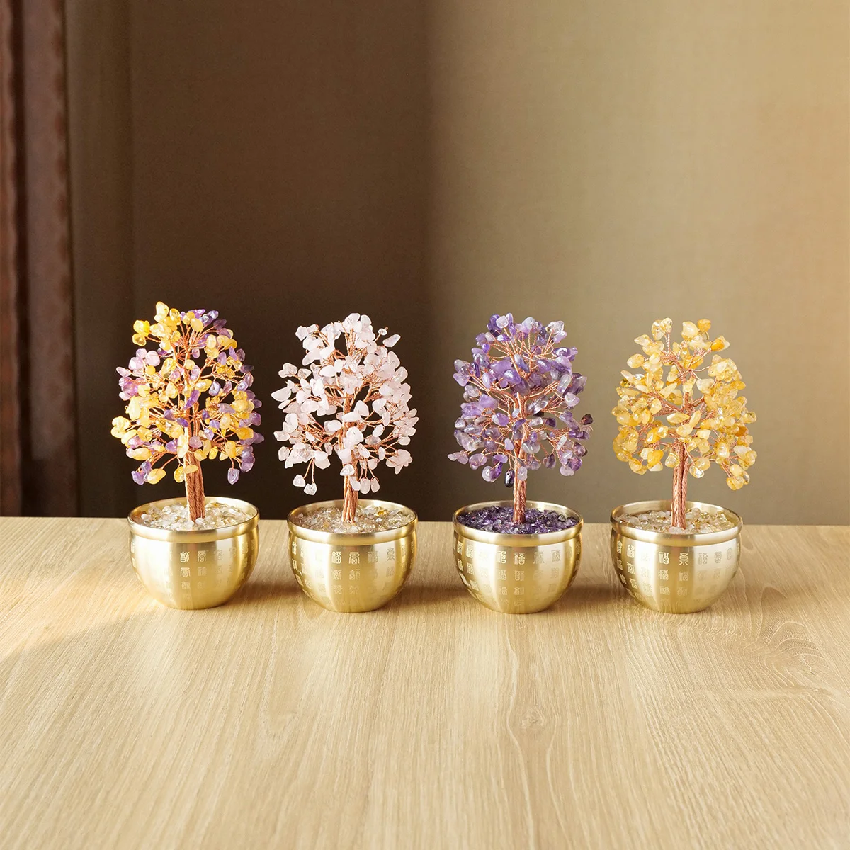 1pc Natural Crystal Money Tree Ornament Wealth Tree Citrine Crushed Stones Hundred Blessings Vat Cornucopia Home Decoration