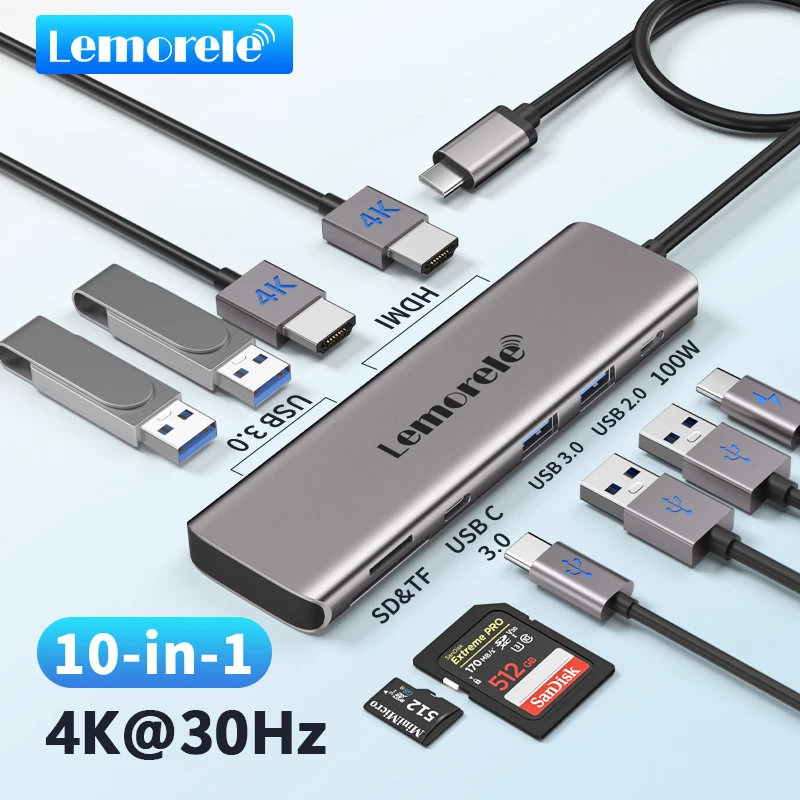 lemorele dock station usb tipo c 10 portas tipo c hub 4k hdmi 30hz carregamento rapido pd100w sd leitor de cartoes tf 01