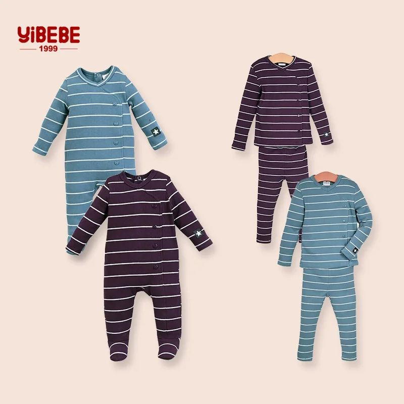 0M-14y AA-Baby Boy Girl Striped Pajama Set Fall Winter Kids Cotton Ribbed Sleepwear Sibling Matching Nightwear Footed Romper