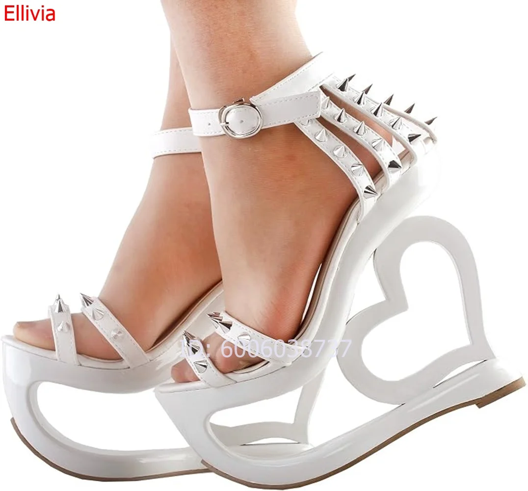 Women White Heart Shaped Hollow Platform Sandals  Rivet Decor Open Toe Ankle Strap Buckle Strange High Heels Party Fashion Shoe